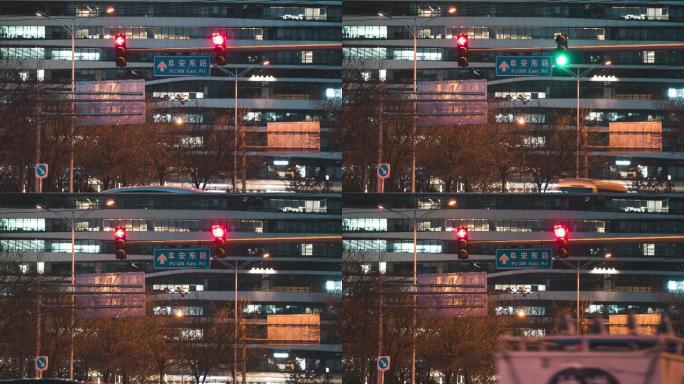 北京城市十字路口红绿灯与车流4k