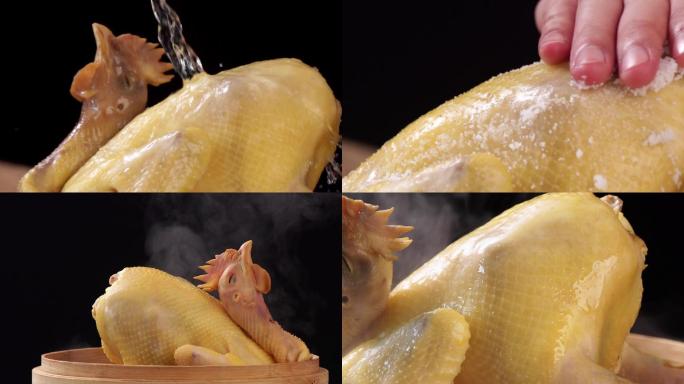 蒸鸡、盐焗鸡抹盐腌制实拍素材