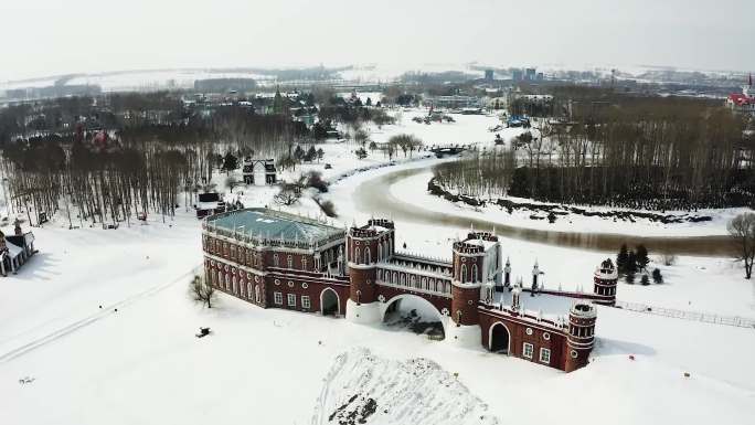 俄罗斯建筑群伏尔加庄园冬季航拍