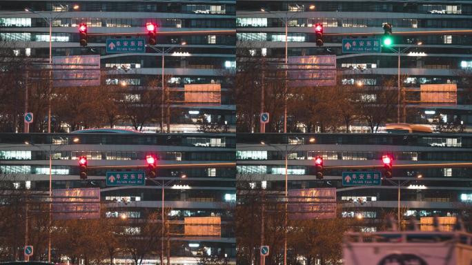 北京城市十字路口红绿灯与车流