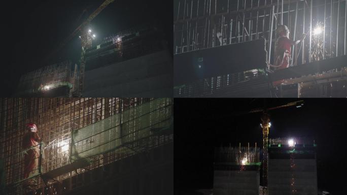 实拍夜晚桥梁建设工地工人师傅们忙碌建设