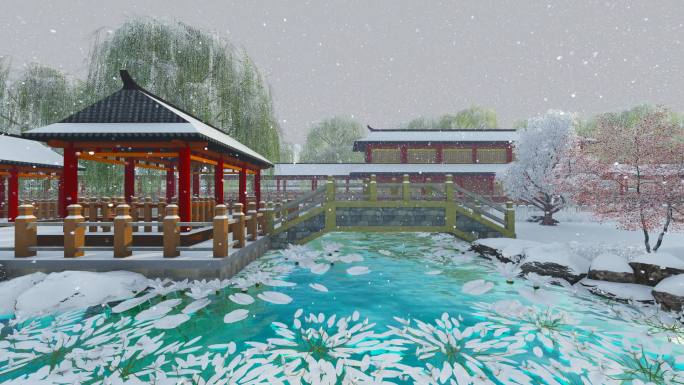 古代花园亭台流水小桥小院-雪景