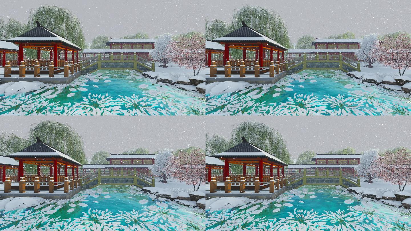古代花园亭台流水小桥小院-雪景
