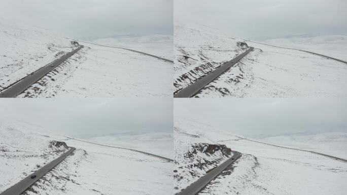 4K雪天青海高原公路自然风光航拍