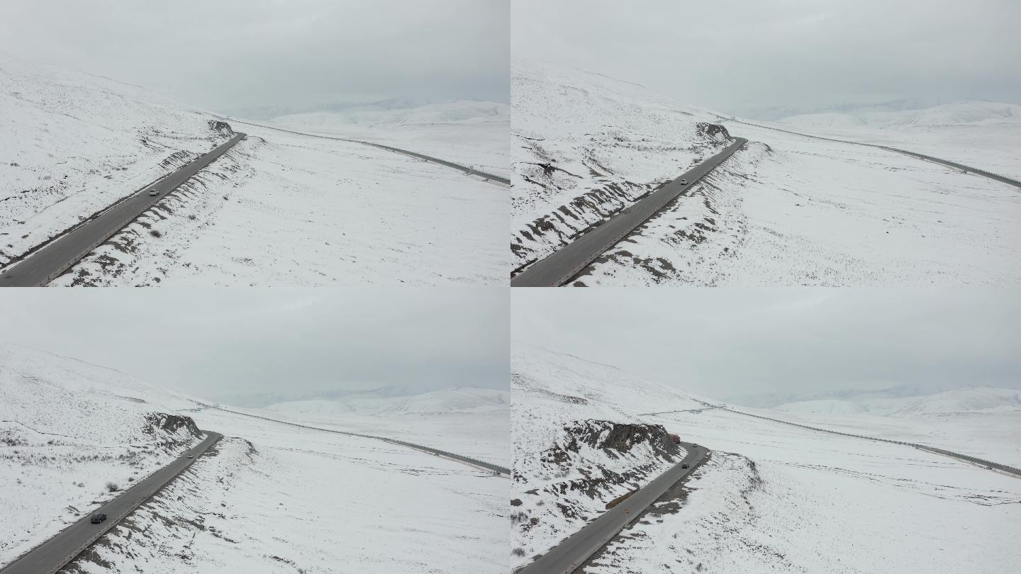 4K雪天青海高原公路自然风光航拍