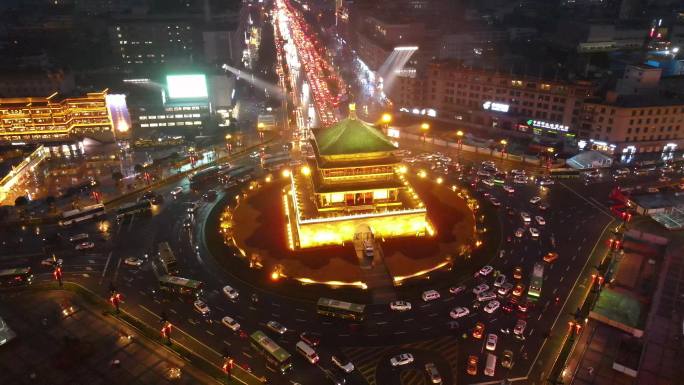 西安钟楼夜景航拍素材