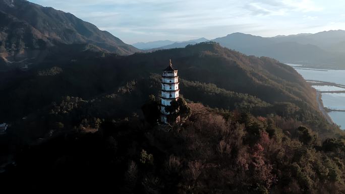 浙江杭州建德三江口北峰塔航拍视频4k素材