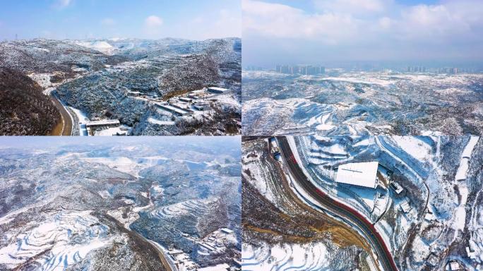 山西太原东西山旅游路雪景航拍