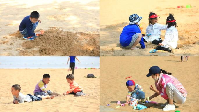 儿童沙滩玩耍玩沙子嬉戏