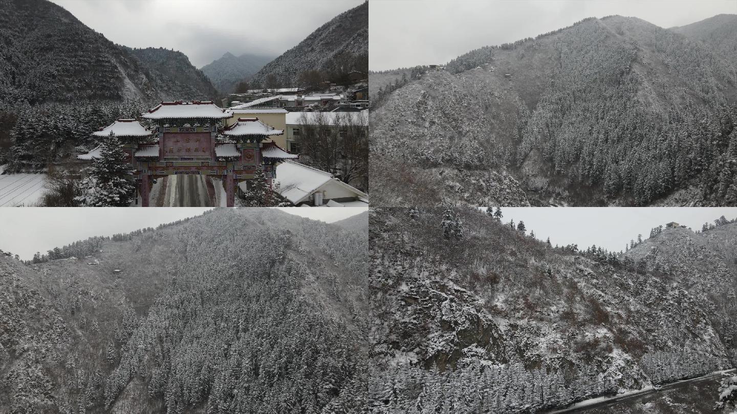 甘肃旅游景区兴隆山大门森林冬季雪景航拍