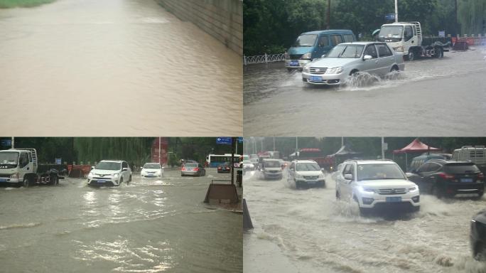 倾盆大雨车在雨中过水车