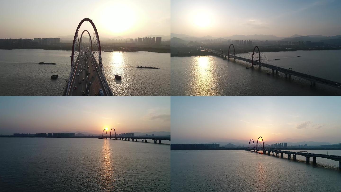 杭州之江大桥日落航拍素材