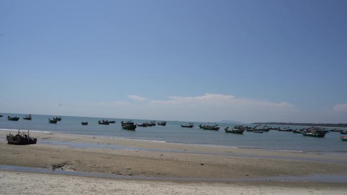 4K茂名浪漫海岸海边风光餐厅渔船停泊