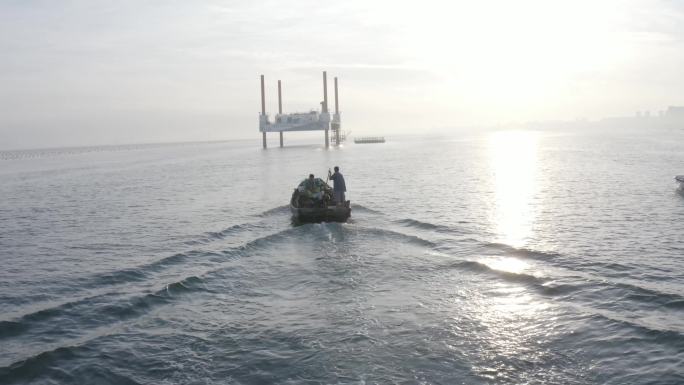 4k航拍渔船出海打鱼，途径钓鱼台
