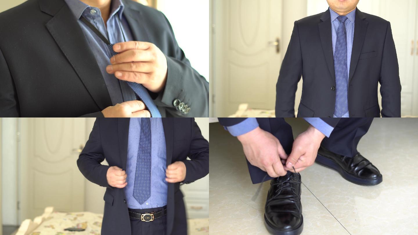 【原创】商务白领起床上班整理西服系领带