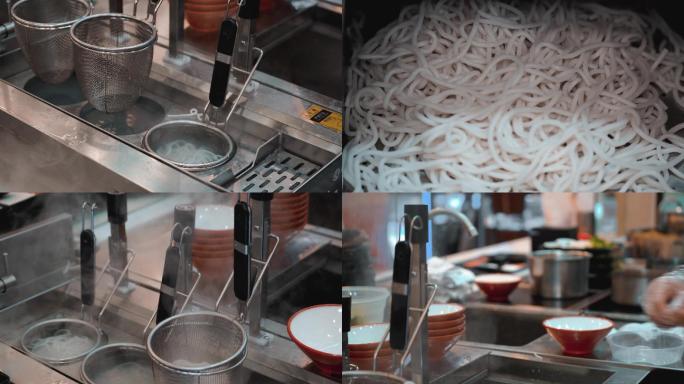 4K米线连锁餐厅厨房下米粉空镜