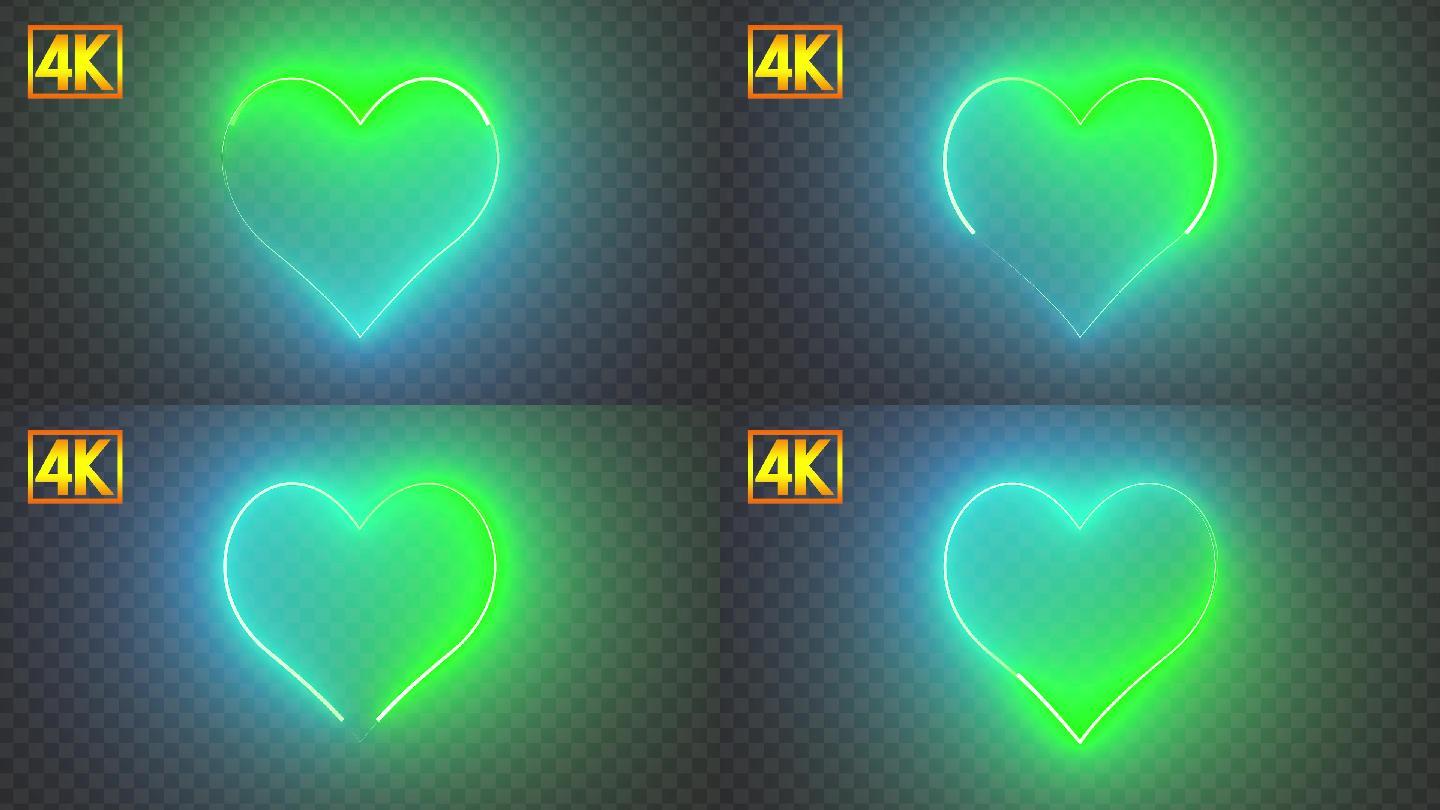 4K绿色爱心心形发光线条带通道