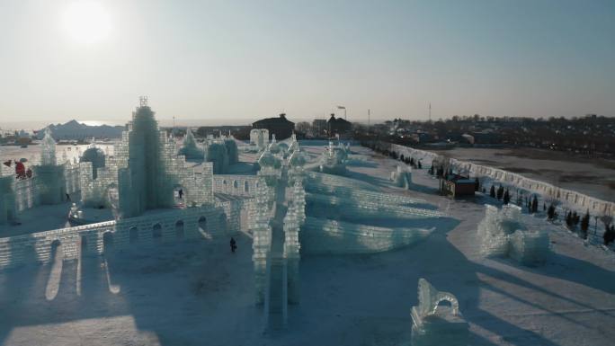 查干湖冰雕建设完成白天航拍