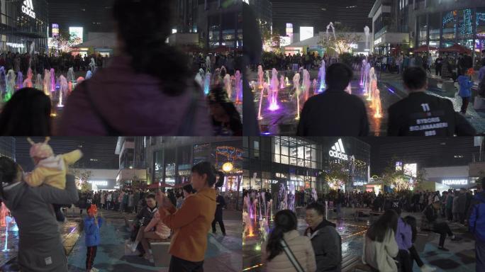 【4K】商业步行街喷泉人群夜景