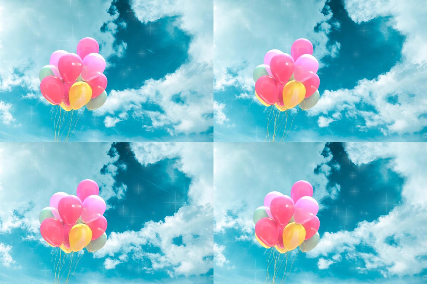 蓝天白云下可爱颜色丰富气球循环素材