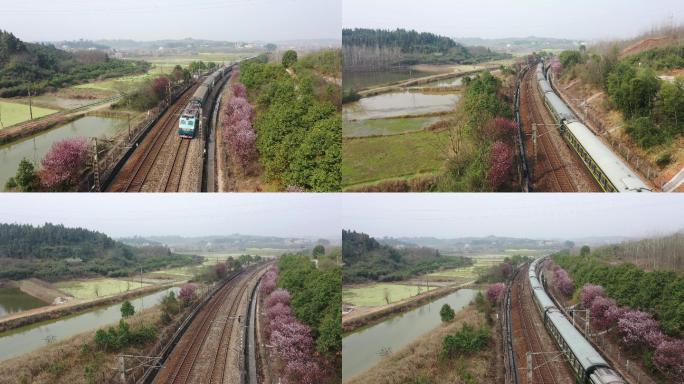 4K航拍驶过春天的京广铁路旅客列车合集
