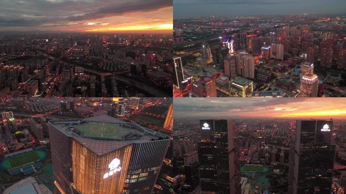 河南郑州东区绿地中心航拍夕阳城市夜景4k