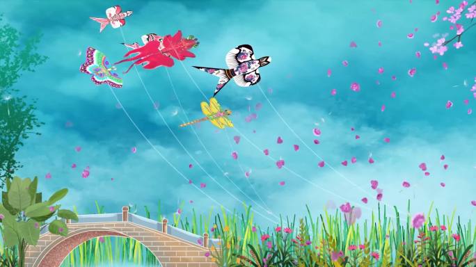 春天放风筝卡通背景视频