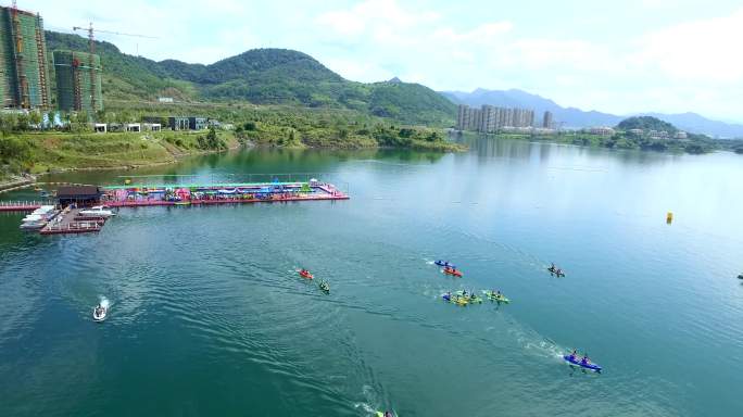 4K航拍皮划艇千岛湖水上项目团队拓展集体