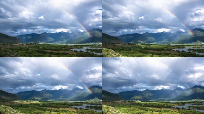 西藏林芝雅尼湿地雨后彩虹绿地延时4k