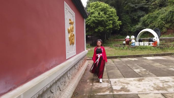 走过寺院红墙的红裙汉服女子