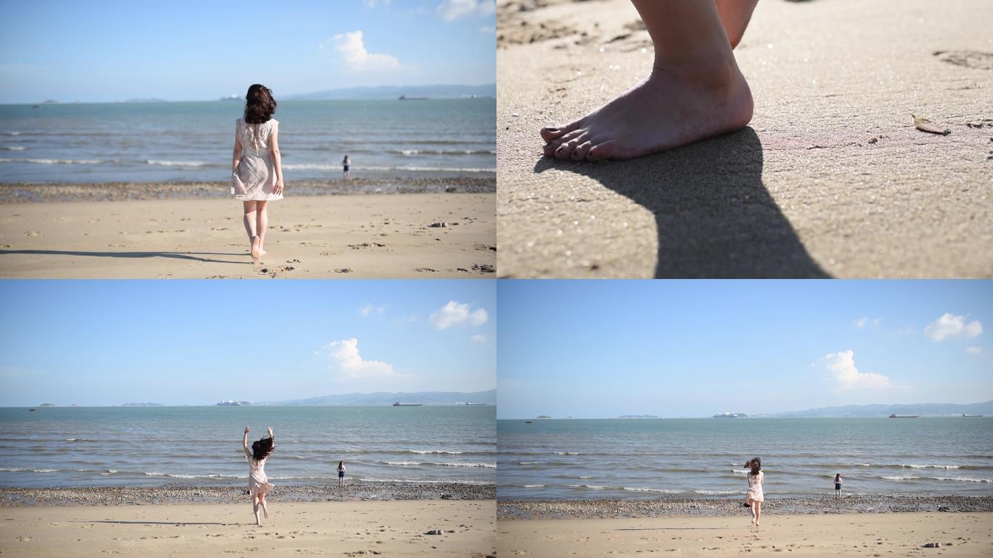 美女在阳光沙滩的海边奔跑【原创可商用】