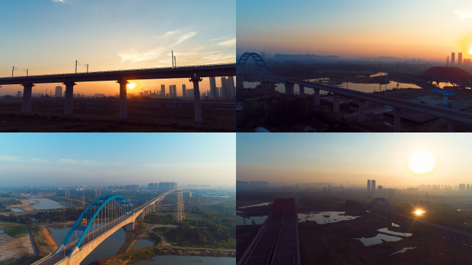 【有版权】4K城市日出下的高架铁路桥航拍