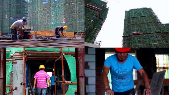 住宅小区建筑工地工人施工砌墙扎钢筋