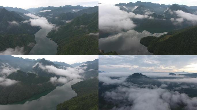 清晨航拍大山、水库、河流云雾缭绕美景