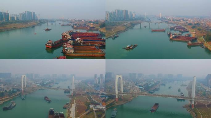 贵港西江大桥船只江边轮船航拍视频