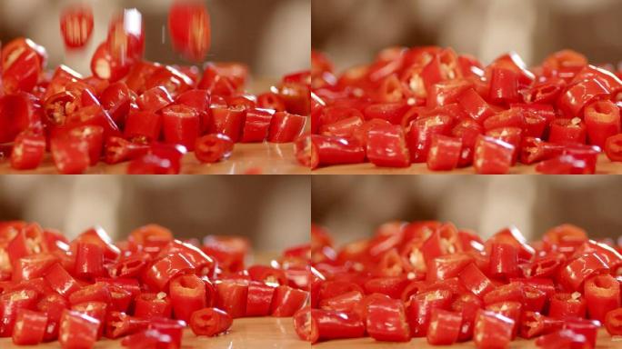餐饮美食剁椒红辣椒块掉落升格R3D素材