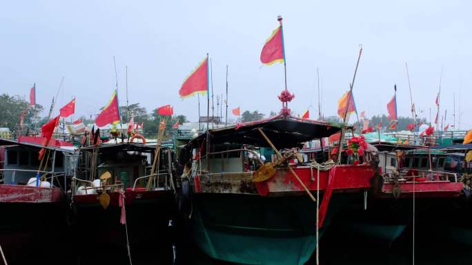 海南渔船渔港旗帜槟榔树椰子树