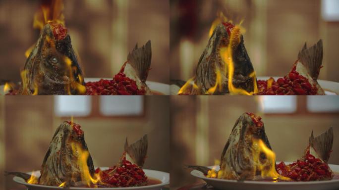 餐饮美食剁椒大鱼头火焰做饭R3D素材