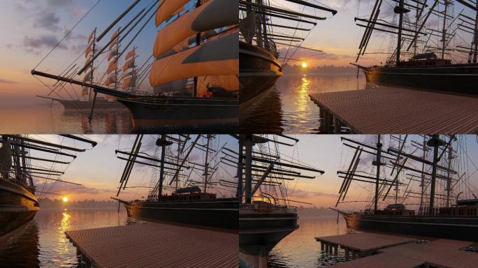 4K古代码头轮船动画