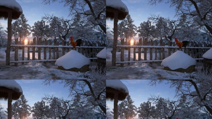 冬日清晨公鸡打鸣三维动画