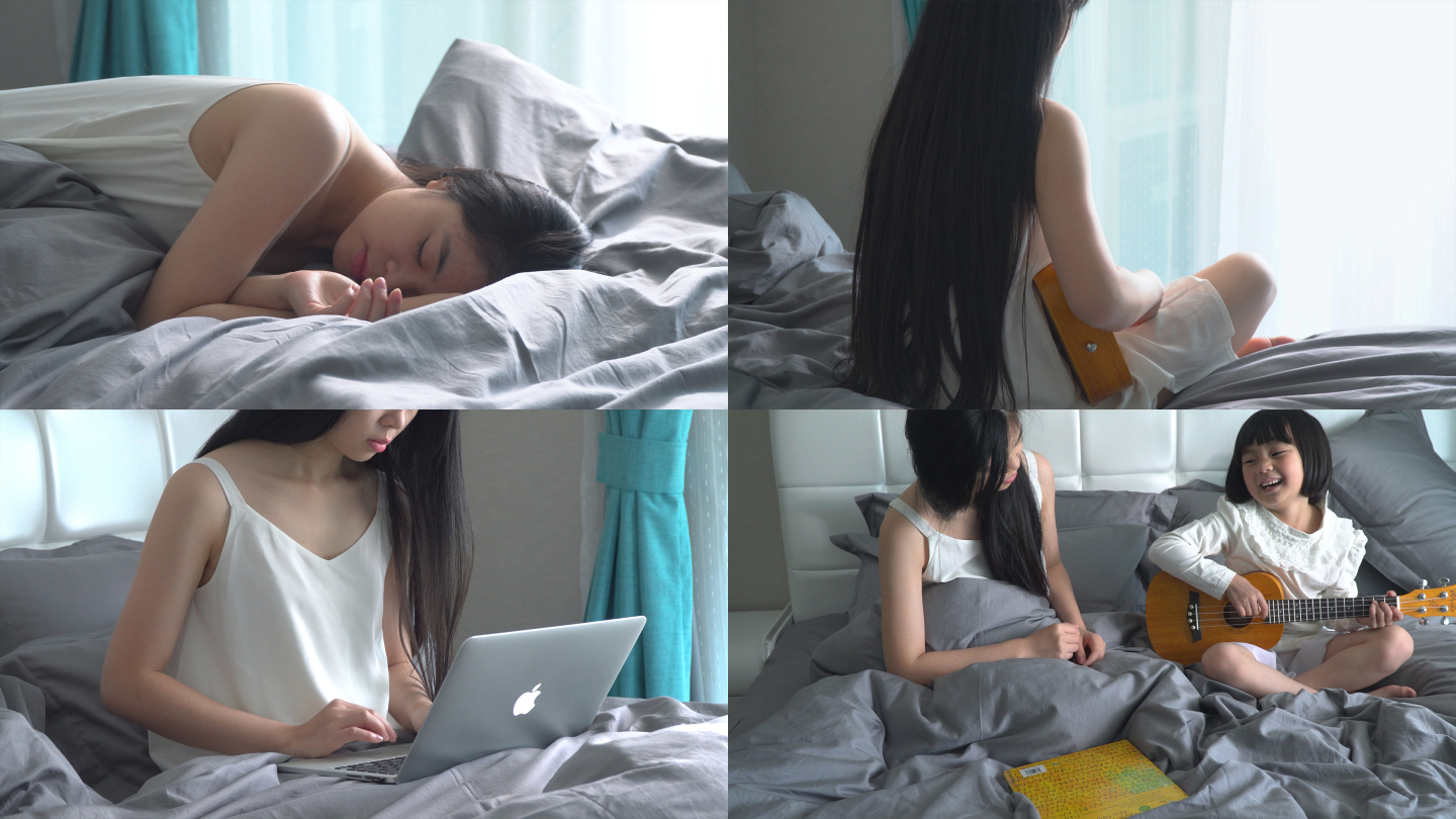美女在床上休息弹琴看书4k视频素材