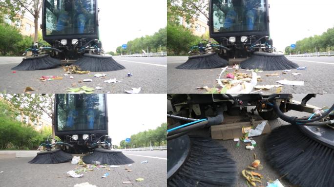 环卫工人驾驶自动清扫车清扫马路上的垃圾