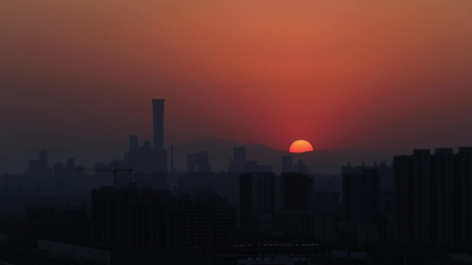 高清实拍北京CBD日出夕阳傍晚