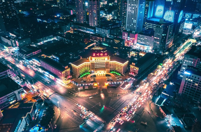 甘肃兰州饭店夜景航拍延时