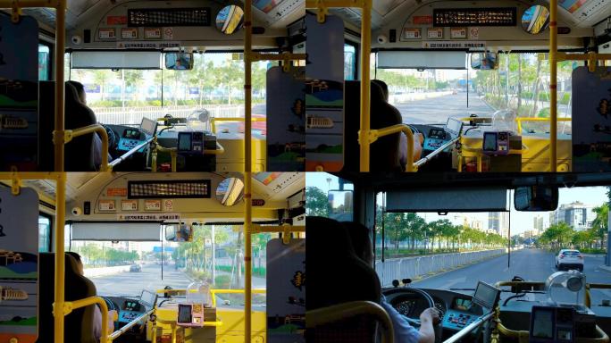城市交通公交车车内拍摄公交车行驶在路