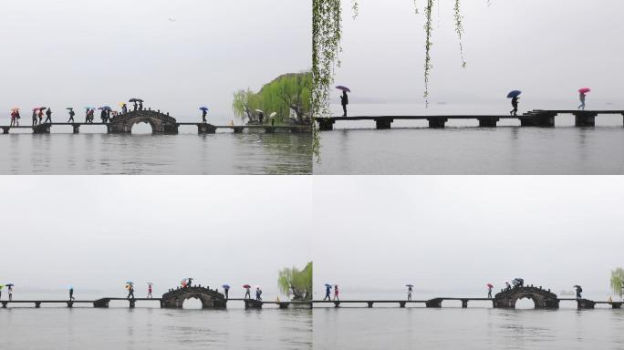 4k西湖三月雨天湖边唯美空镜