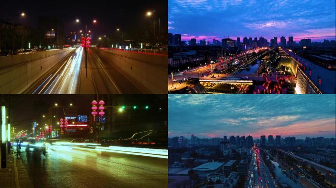西安城市夜景含光门公路延时