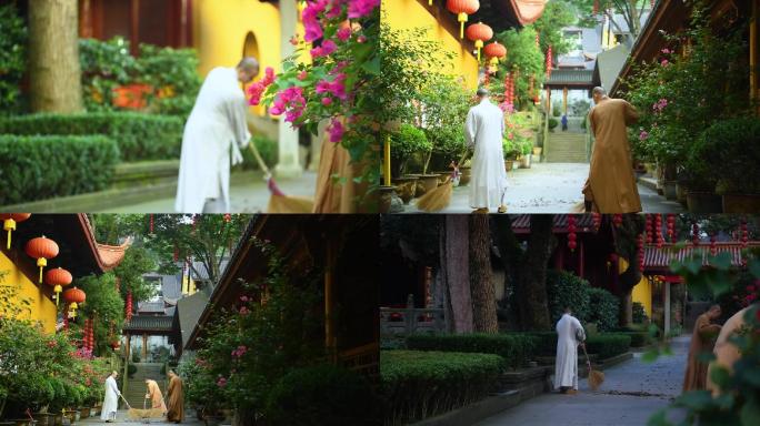 杭州禅院僧人打扫卫生