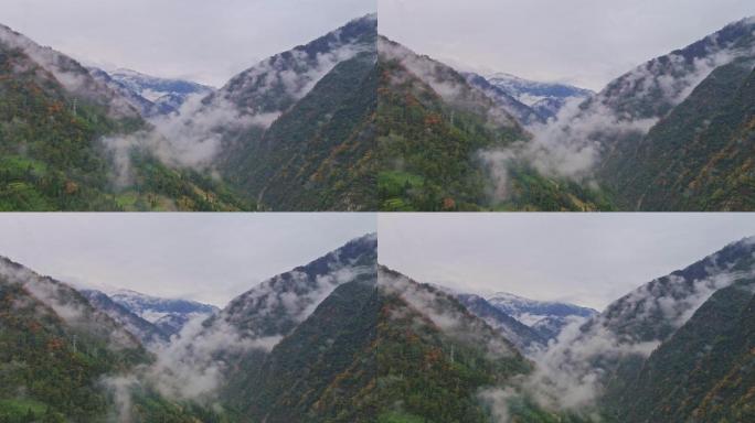 秋天云雾缭绕的大山航拍