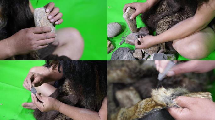 4K绿布实拍原始人砸石头制作石器工具
